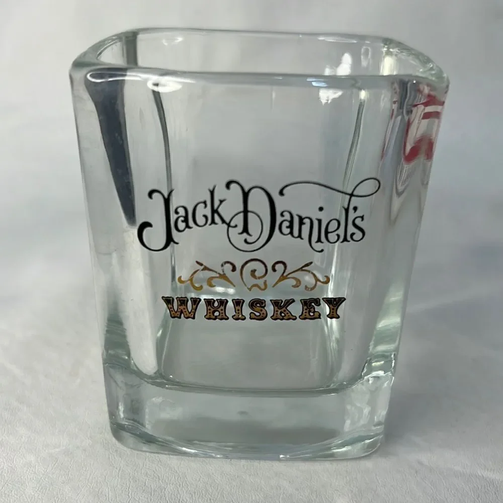 Jack Daniel’s Whiskey Rock Glass Square 3 1/2 In Tall 3 In Across Top Gold Black
